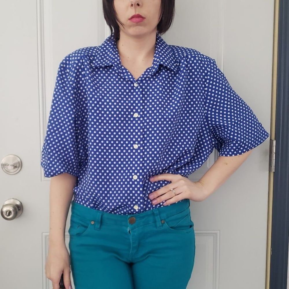 80s Blue and White Polka Dot Button Down‎ Blouse